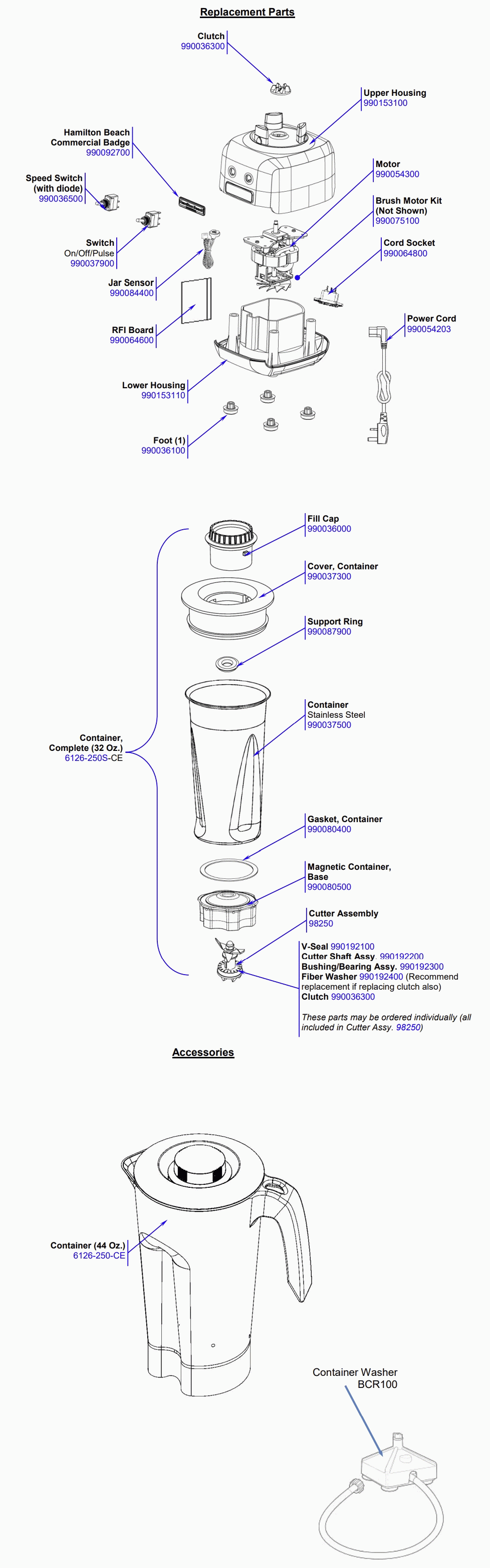Diagram Diagram and Parts List for HBB250S-SA-K  Hamilton Beach Blender